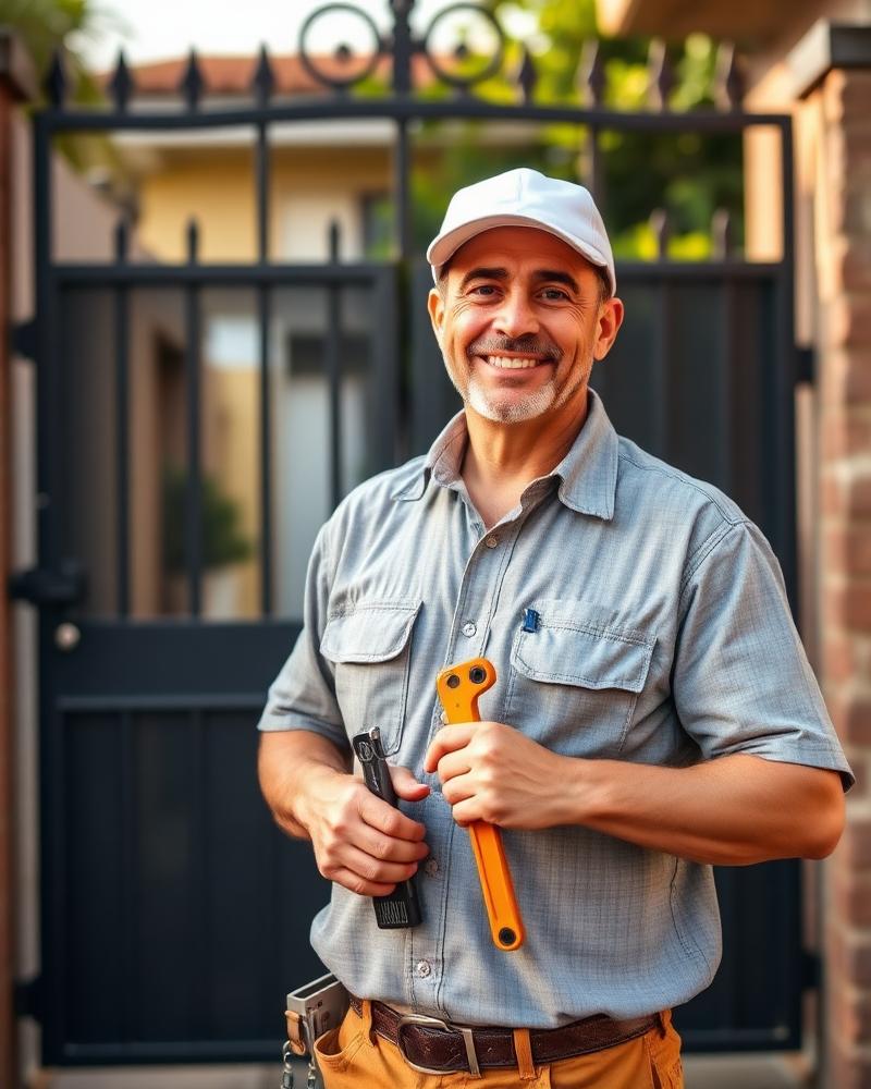 Eletricista brasileiro sorrindo em frente ao portão de uma casa